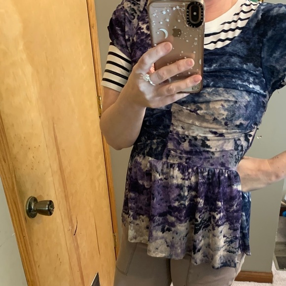 Anthropologie Postmark Y2K Watercolor Ruched Mesh on Mesh Peplum Top - Picture 7 of 12